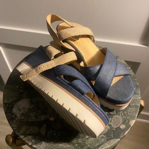 Wedge platform sandals, denim with flecks of glitter/sparkles, tan straps.
